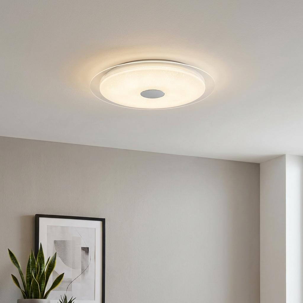 Eglo Lanciano 1 LED round flush ceiling light with a sparkly starlight diffuser and chrome center disk.