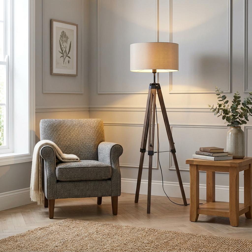 Eglo Lantada tripod floor lamp with taupe shade illuminating a cozy living room corner with a gray armchair.