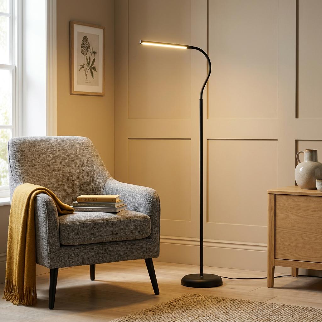 Black Eglo Laroa LED floor lamp providing warm light next to a grey armchair in a paneled living room.