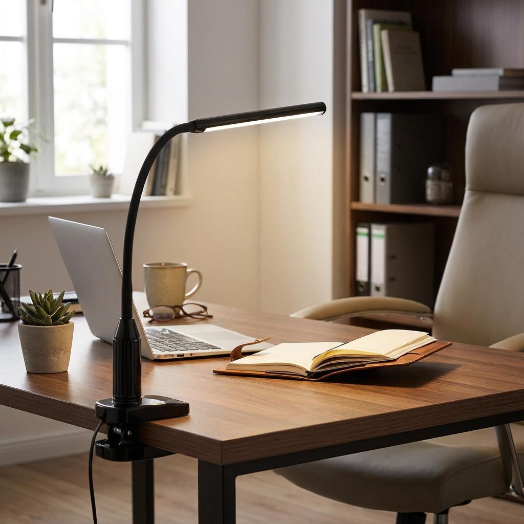 Black LED flexible clamp-on task lamp illuminating a wooden desk with a laptop and open notebook in a home office.