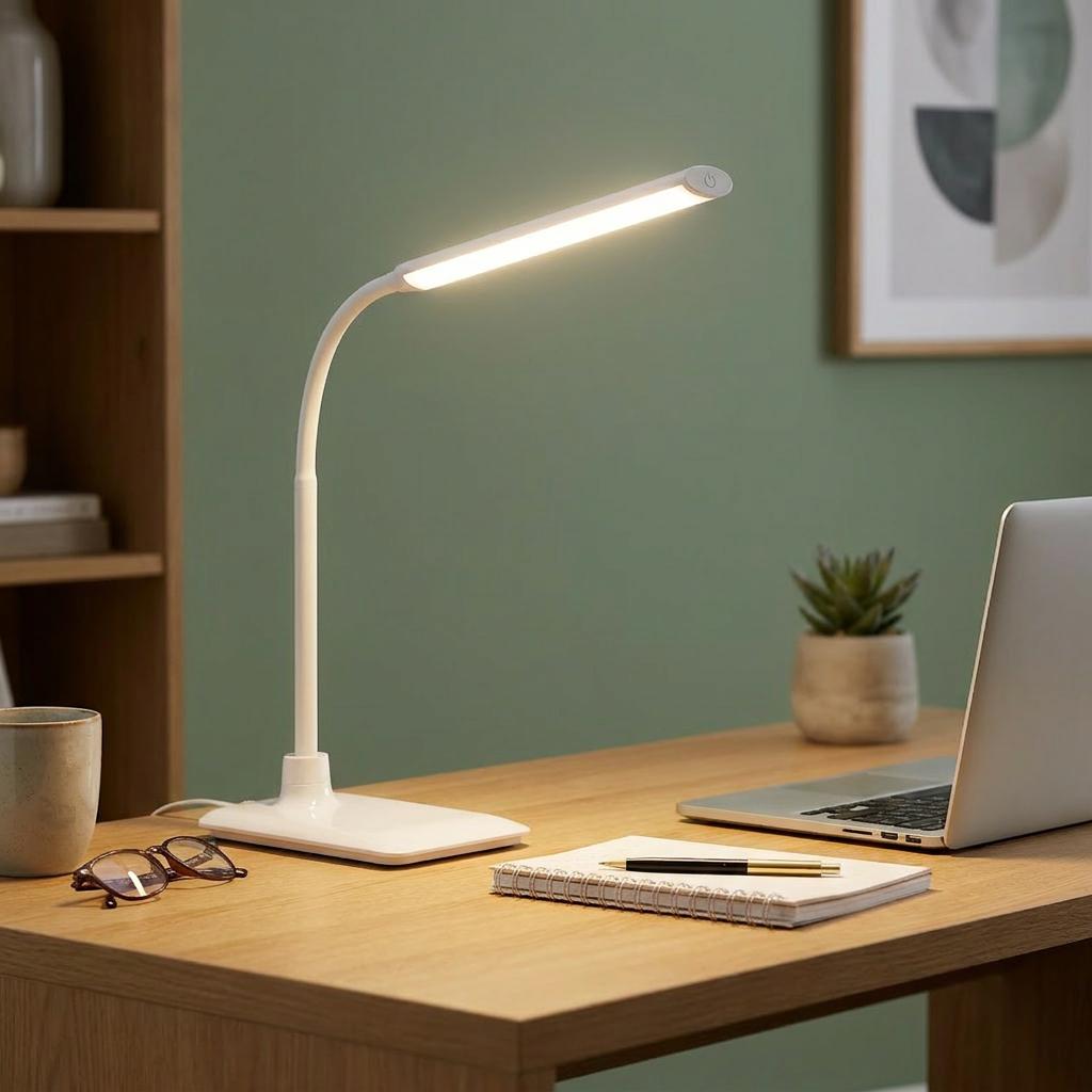 White Eglo Laroa LED desk lamp illuminated on a wooden table alongside a laptop and notebook.