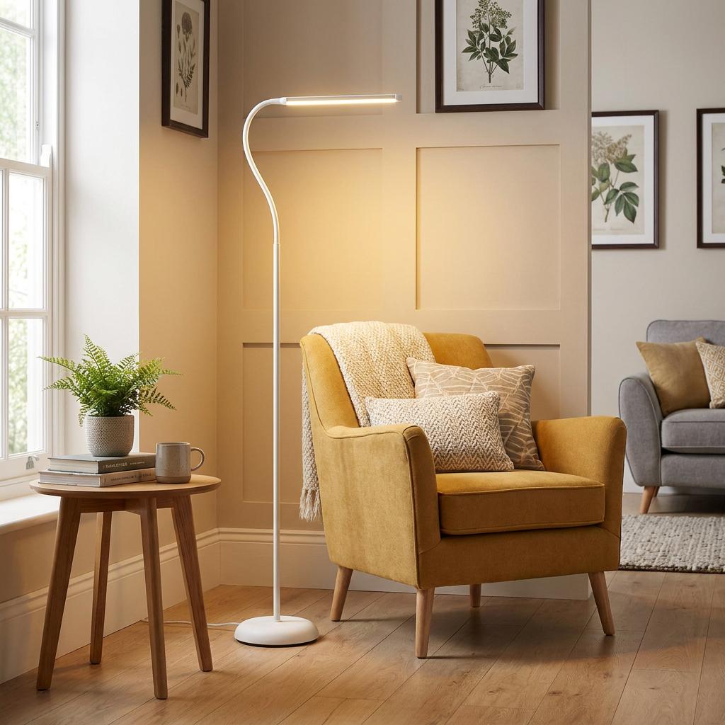 White adjustable LED floor lamp illuminating a yellow armchair in a cozy, modern living room.