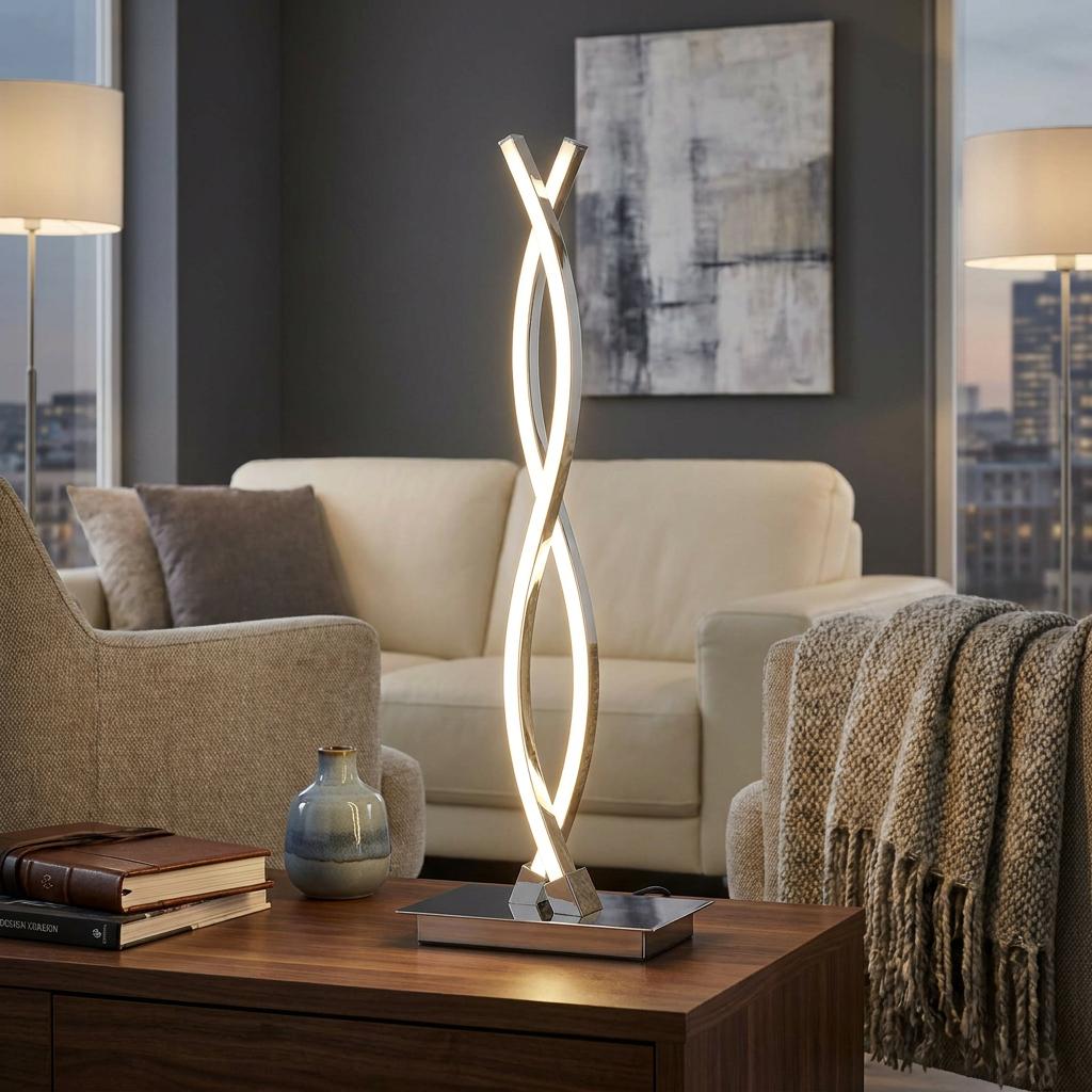 Twisted chrome LED table lamp glowing on a wooden coffee table in a contemporary living room setting.