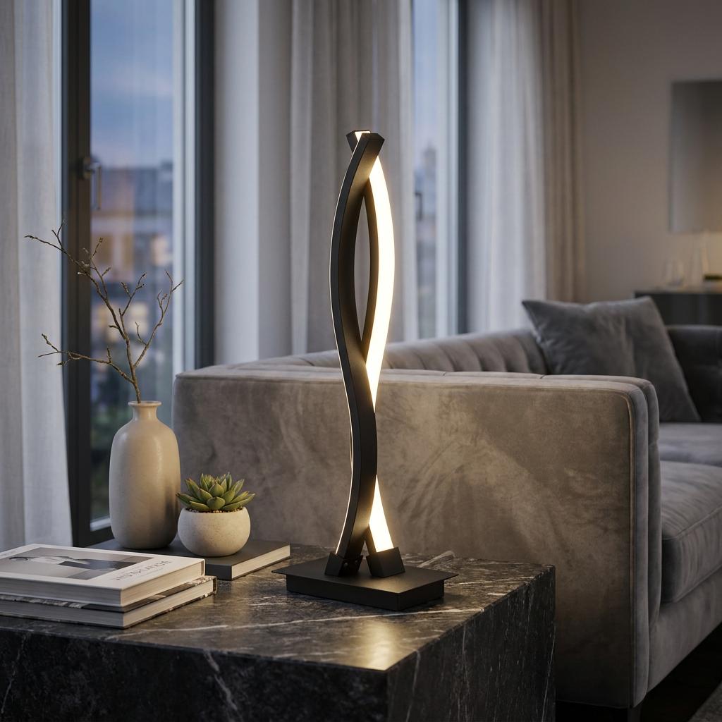 Modern Eglo Lasana 3 black table lamp with intertwined LED bars on a marble table in a living room.