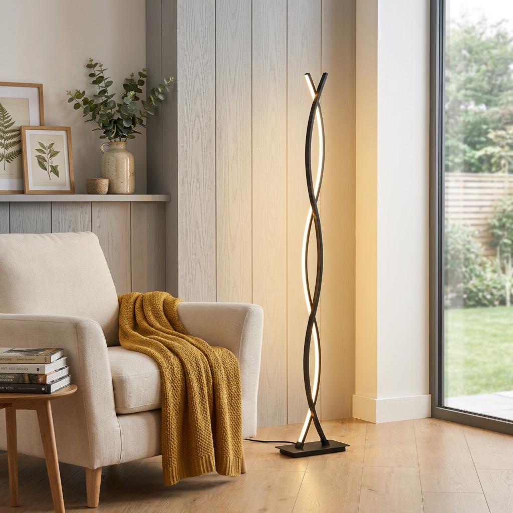 Modern black sculptural LED floor lamp standing in a living room next to a cream armchair with a yellow throw.