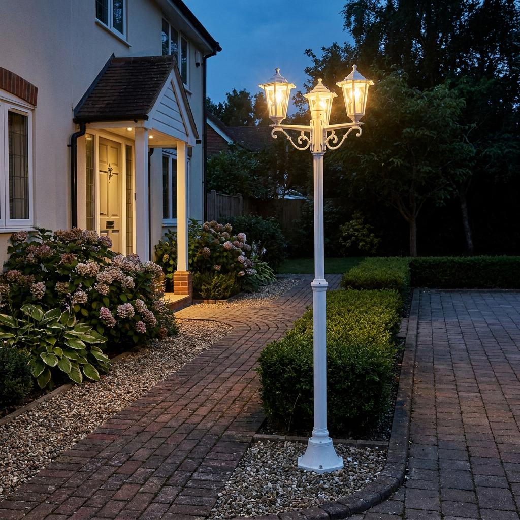 A white three-light outdoor lamp post glowing warmly at dusk beside a brick pathway and garden bushes.