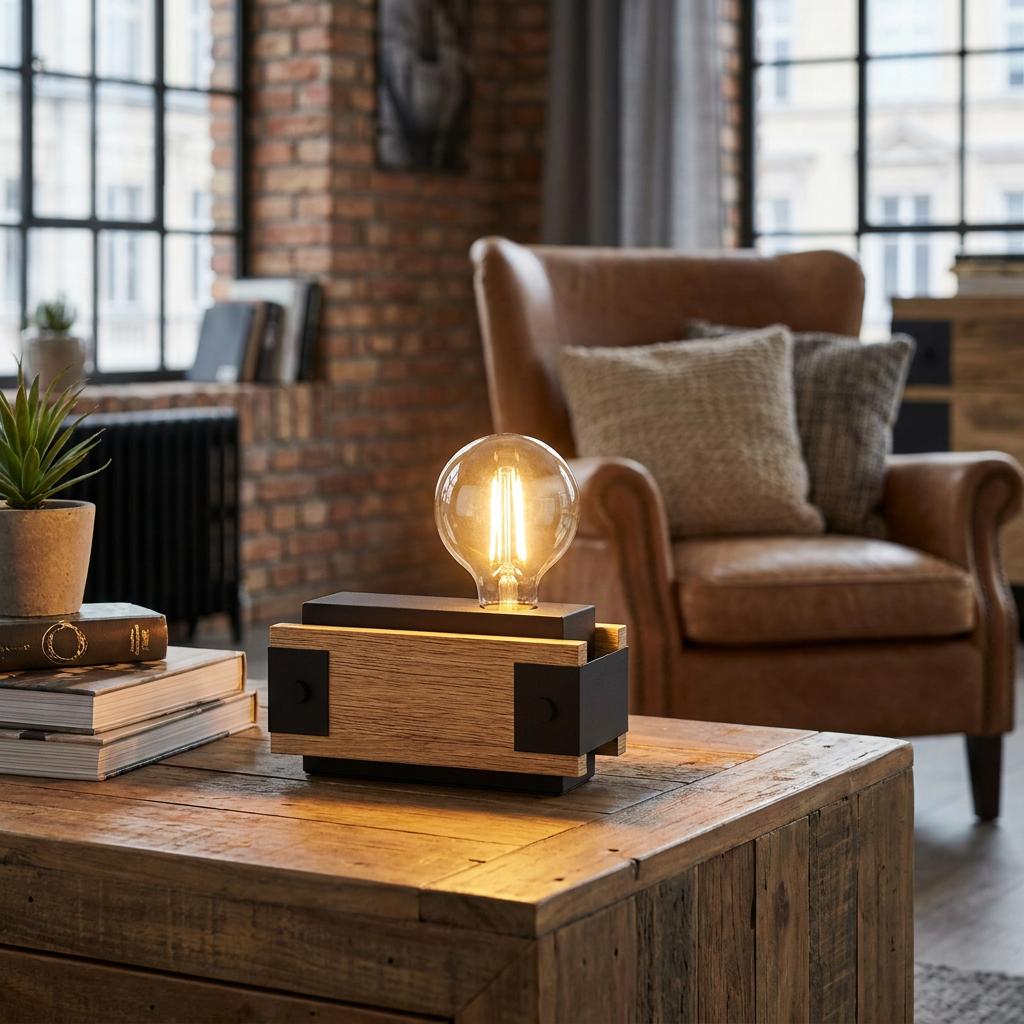Industrial table lamp with a burnt wood base and black metal accents on a rustic wooden coffee table.