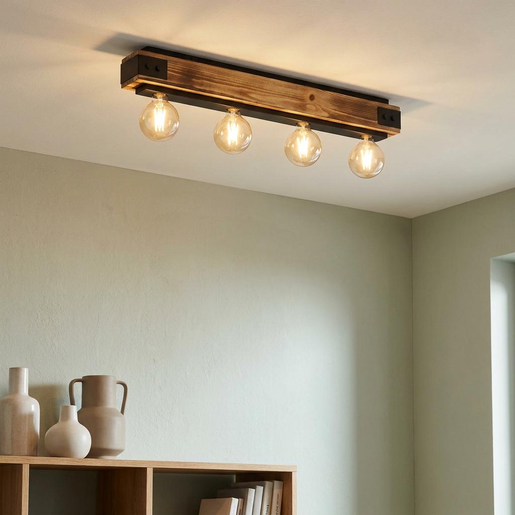 Eglo Layham 4-light wooden bar ceiling light with exposed bulbs mounted on a white ceiling.