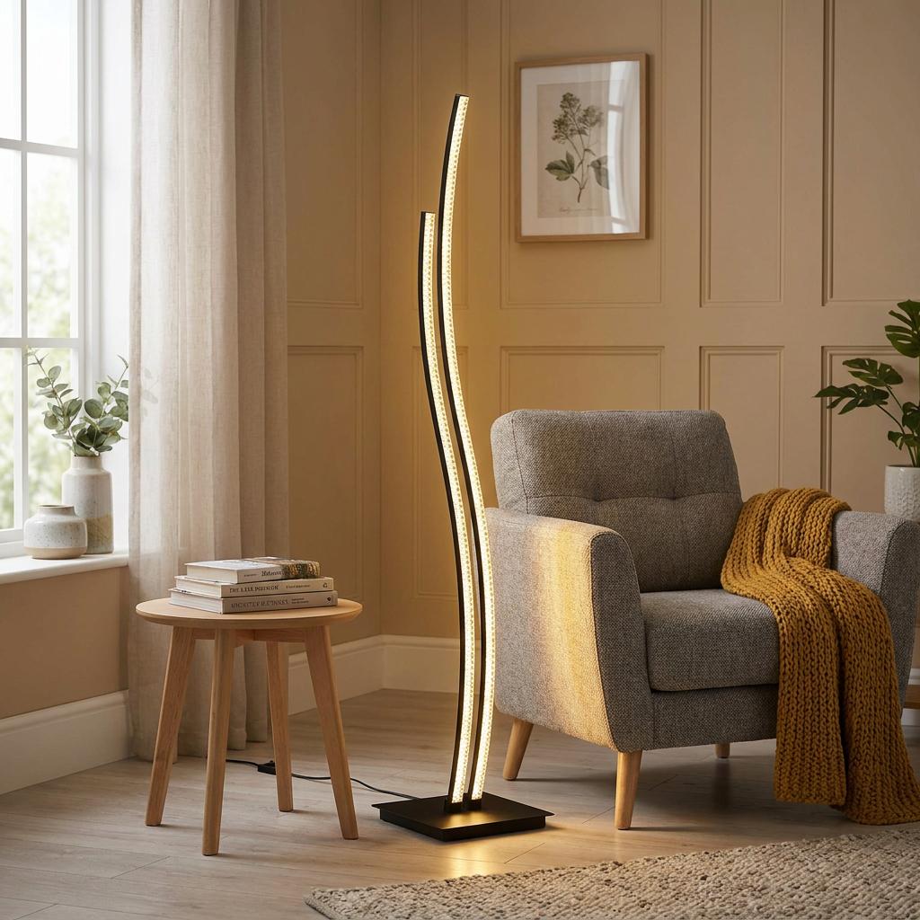 Modern curved black LED floor lamp with crystal finish next to a grey armchair in a neutral living room.