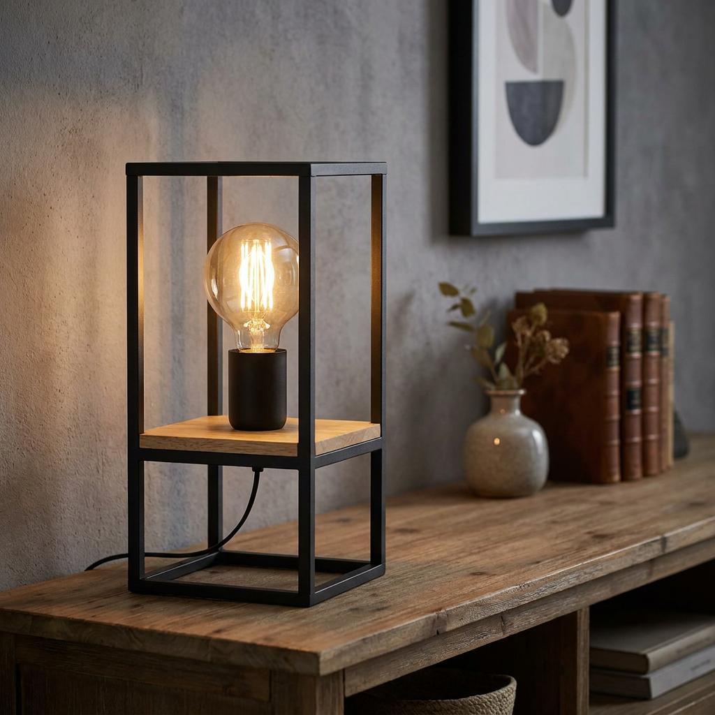 Black metal and wood framed table lamp with a glowing filament bulb on a wooden sideboard against a grey wall.