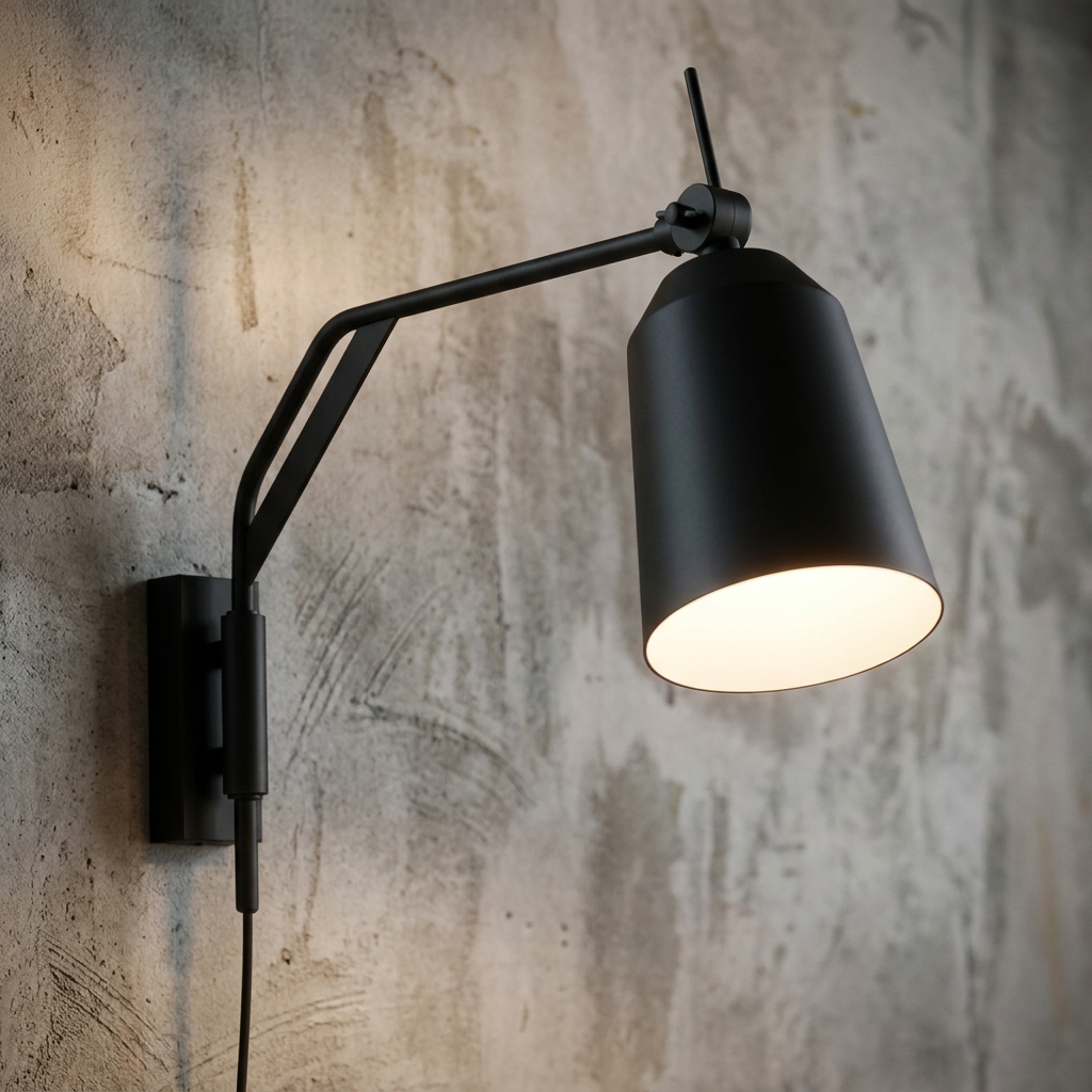 Eglo Loreto black metal wall light with an adjustable swing arm and conical shade mounted on a concrete wall.