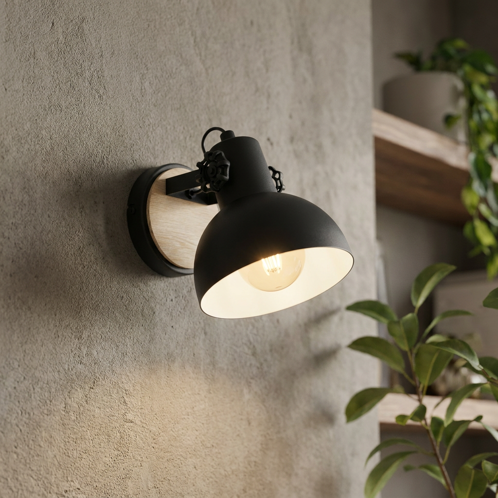 Industrial black wall lamp with a light wood base, mounted on a textured concrete wall, casting warm light.