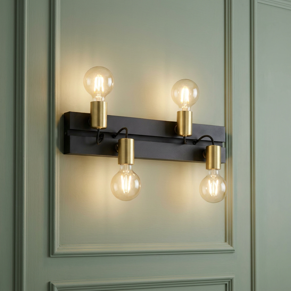 Eglo Macchione 4-light wall fixture with black base and brass accents mounted on a green paneled wall.