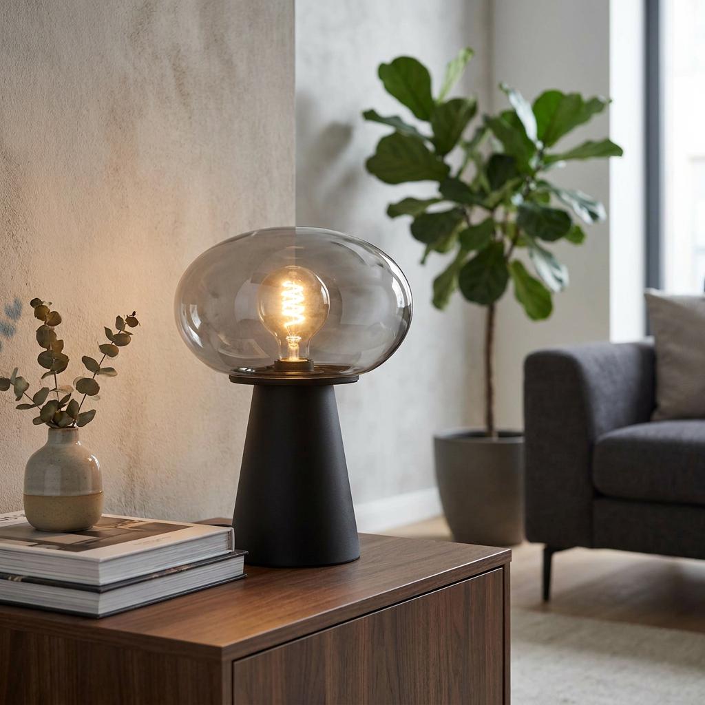 Eglo Madonnina black table lamp with a vaporised glass globe shade, lit on a wooden cabinet in a living room.