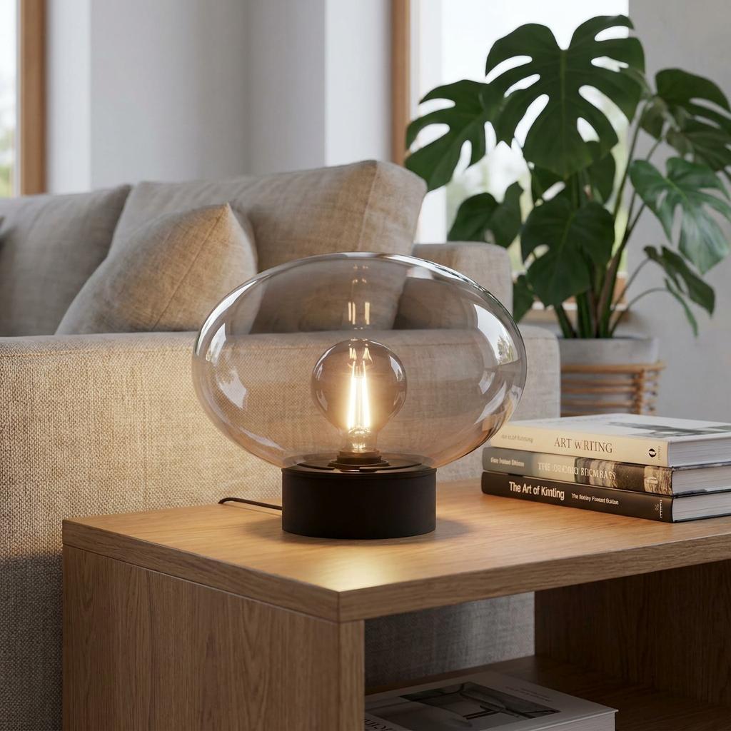 Grey vaporised glass globe table lamp on a wooden side table next to a sofa and plant.