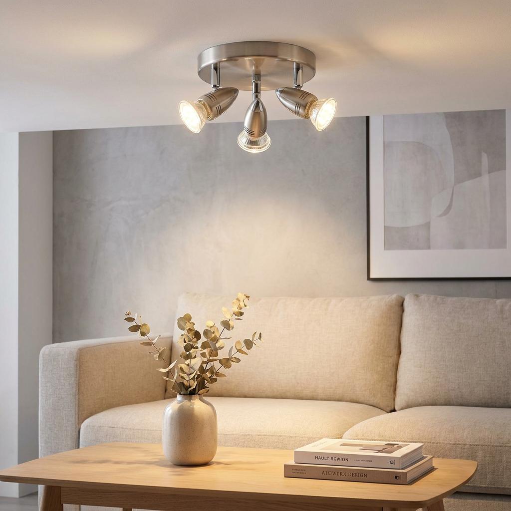 Brushed nickel 3-light ceiling plate spotlight illuminating a contemporary living room with neutral decor.