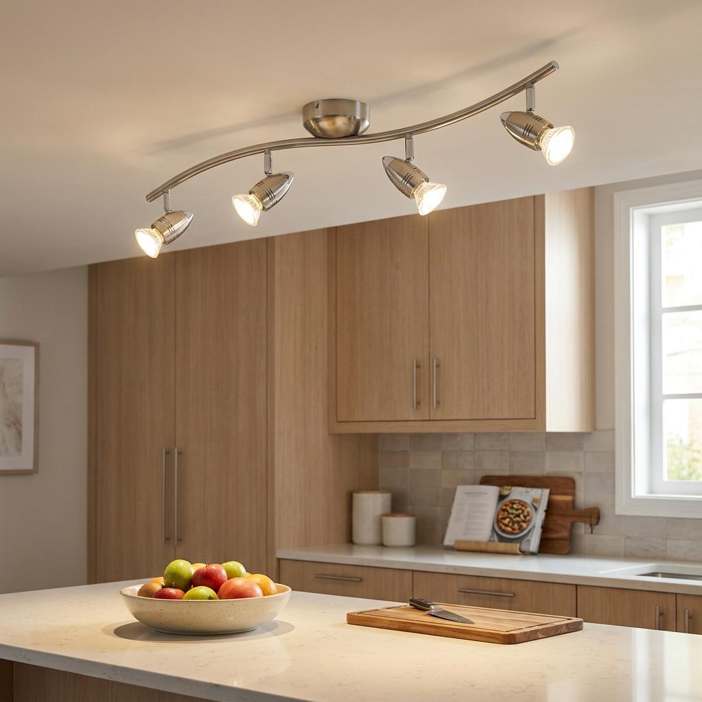 Eglo Magnum-LED 4-light curved nickel bar spotlight illuminates a modern kitchen with light wood cabinets.