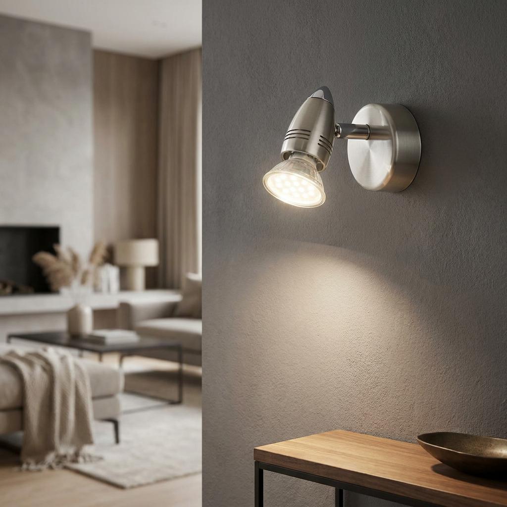 Eglo Magnum-LED nickel wall spotlight mounted on a grey wall in a modern living room, casting a warm glow downwards.