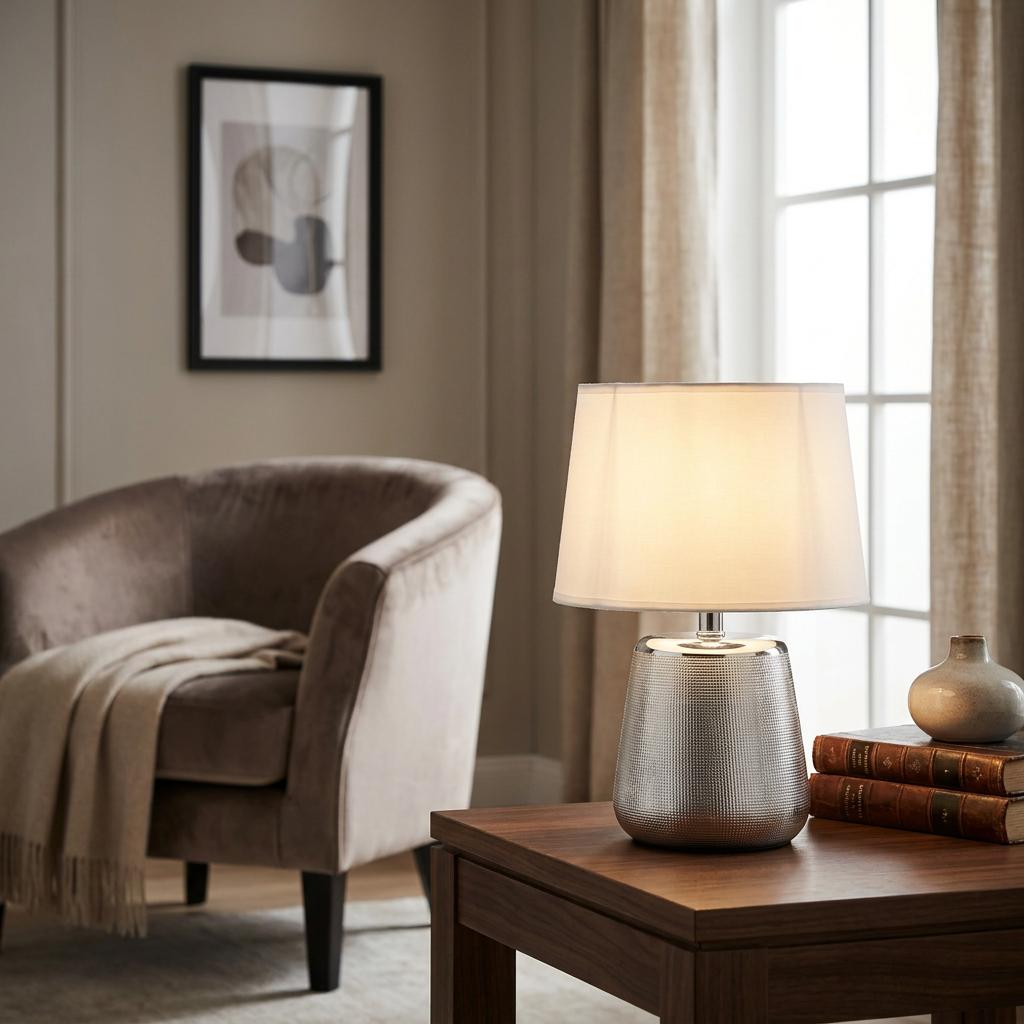 Eglo Manalba 1 silver ceramic table lamp with a white fabric shade, illuminated on a wooden side table.