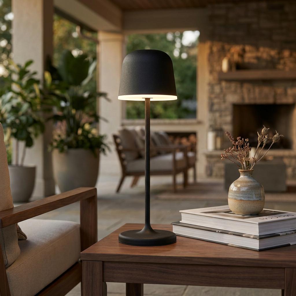 Modern black cordless LED table lamp on a patio side table, casting warm light in an outdoor lounge area.