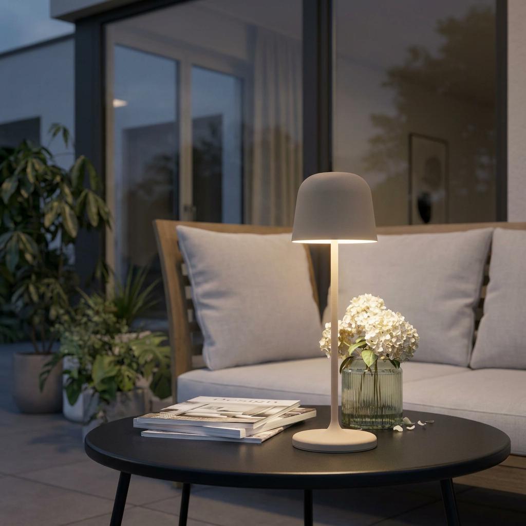 Eglo Mannera sand cordless LED outdoor table lamp on a patio table with books and a vase of flowers.