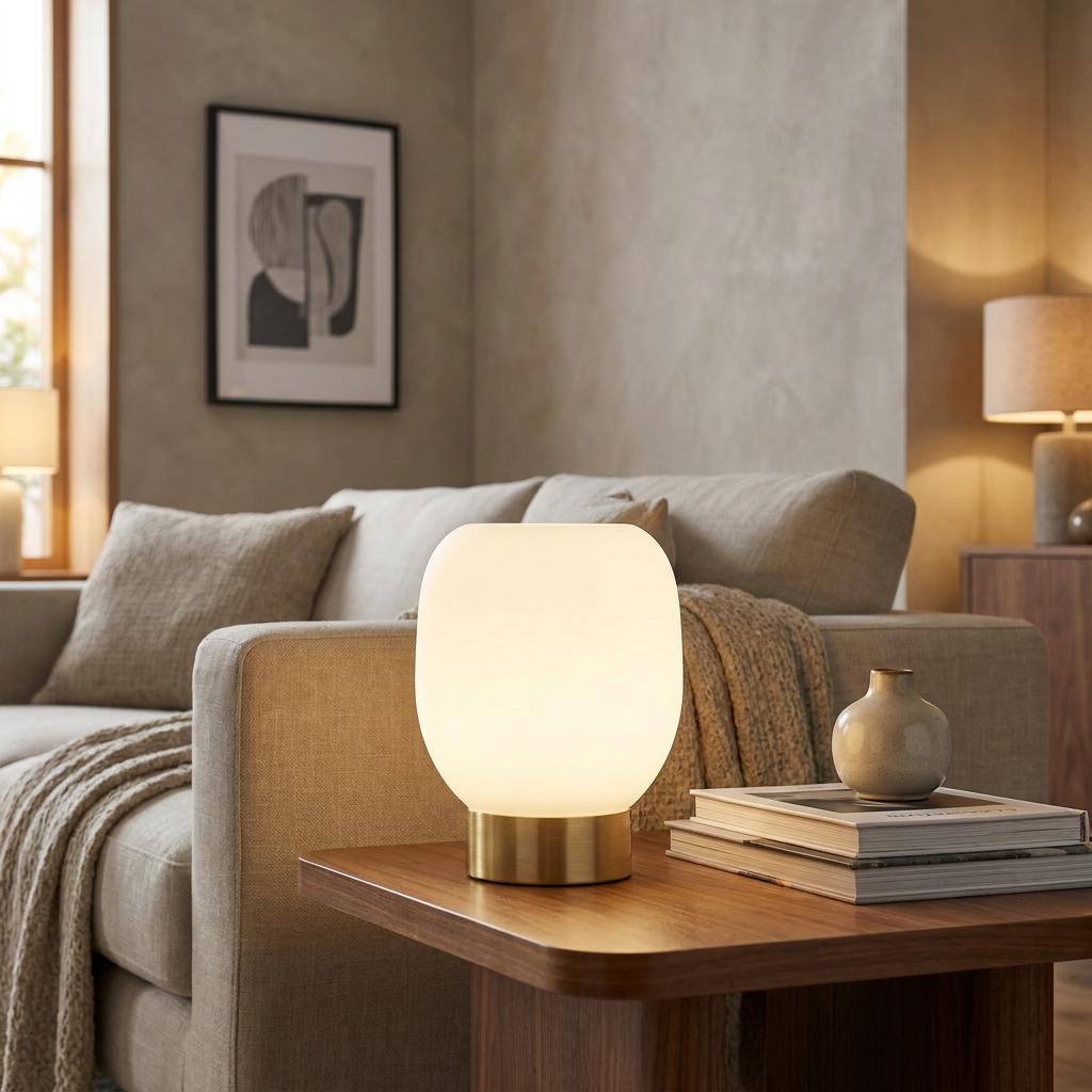 Eglo Manzanares table lamp with a brushed brass base and opal glass shade glowing on a wooden side table.