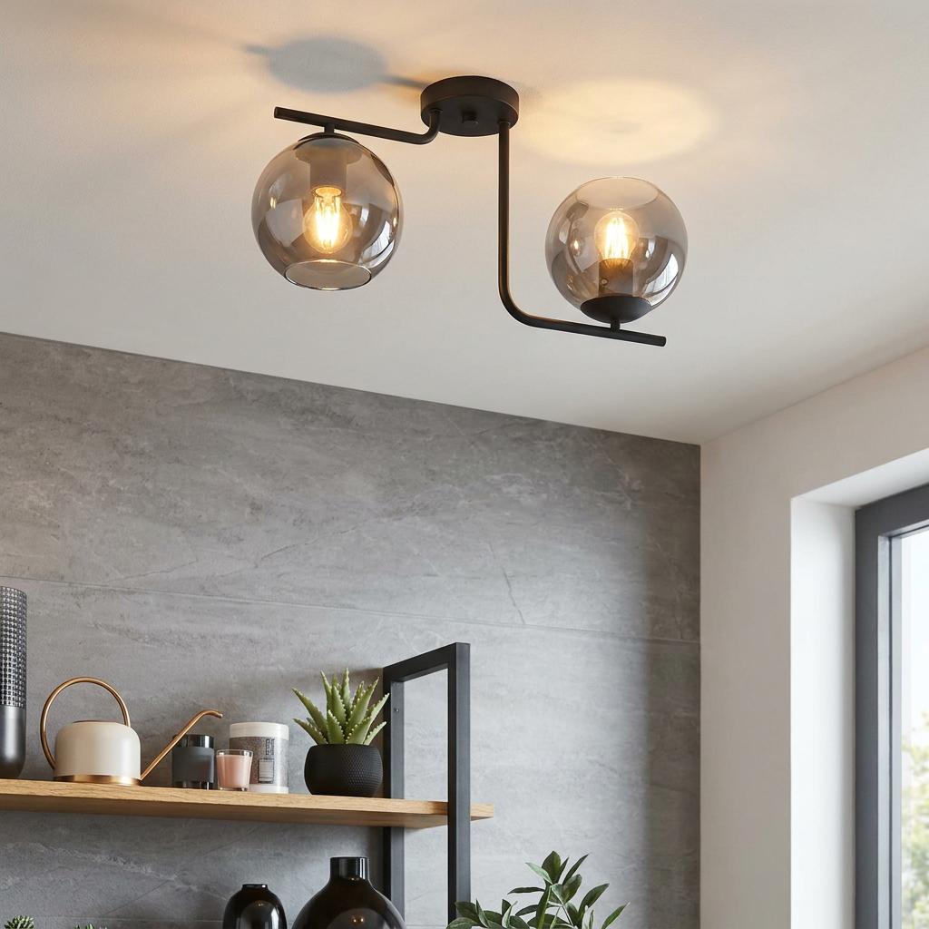 Modern two-light black ceiling flush mount with smoked glass globes illuminating a shelf against a grey wall.