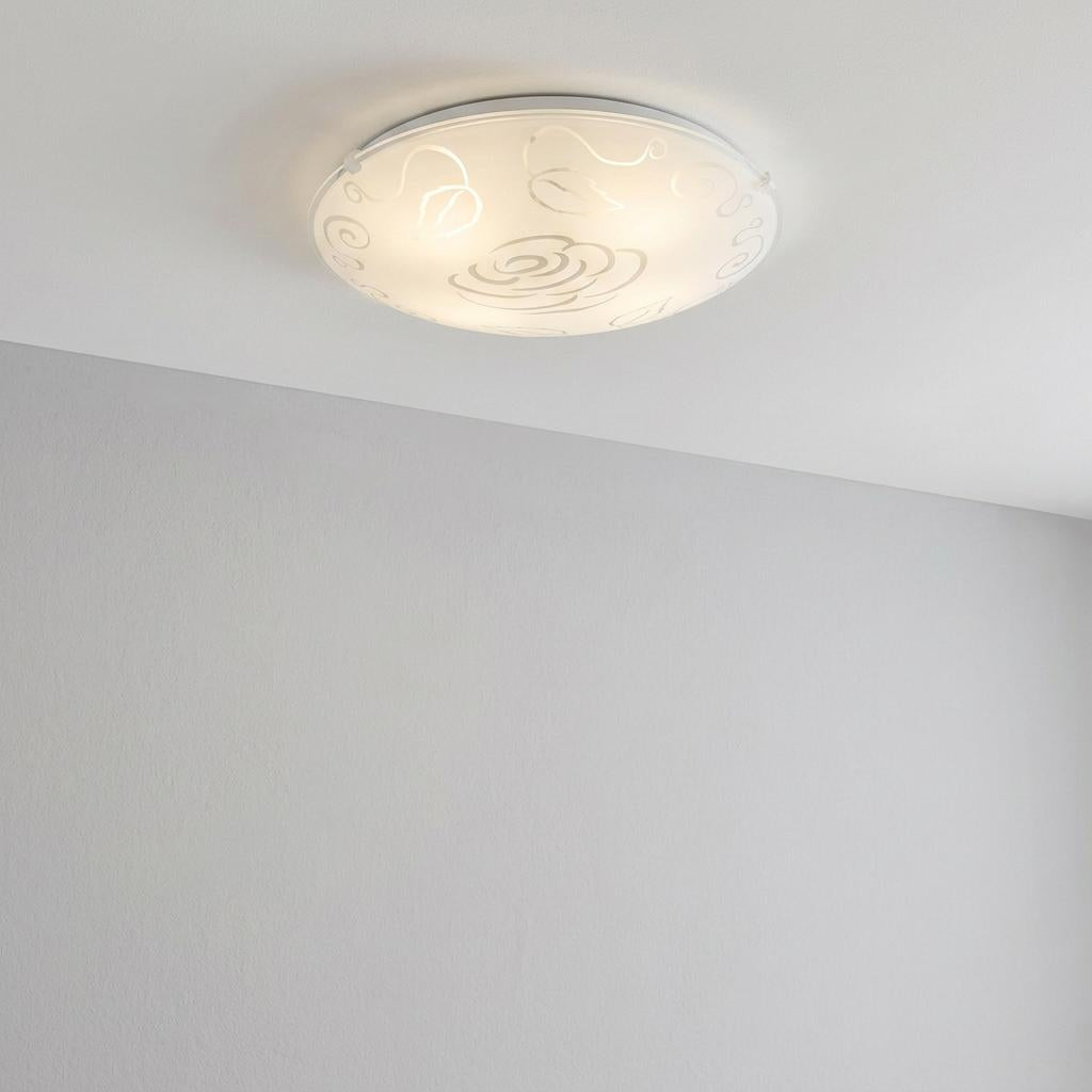 Eglo Mars 1 flush ceiling light with etched floral patterns on a satin glass dome, mounted on a white ceiling.