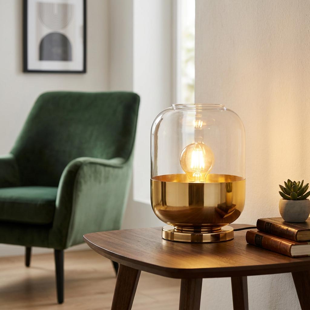 Modern gold and clear glass table lamp glowing on a wooden table in a living room with a green velvet chair.