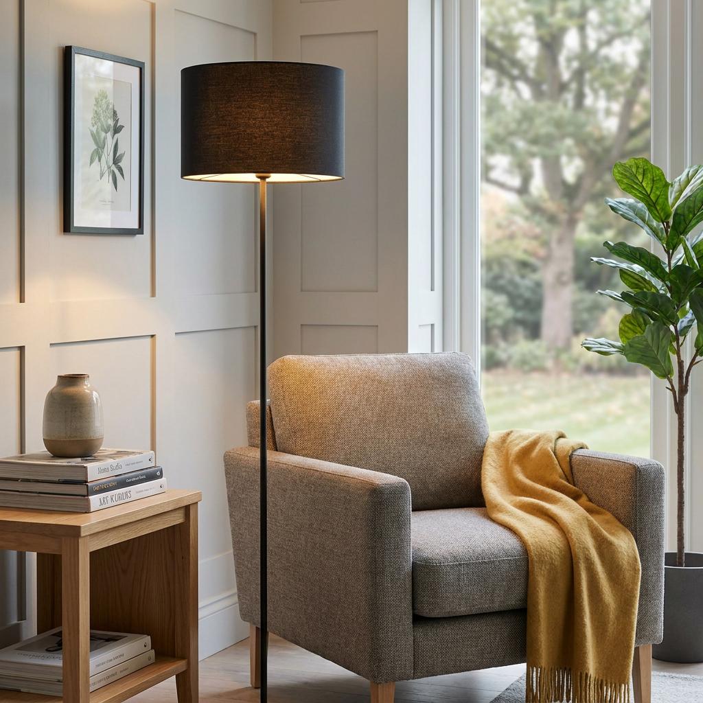 Black floor lamp with a fabric drum shade standing next to a grey armchair in a cozy living room.