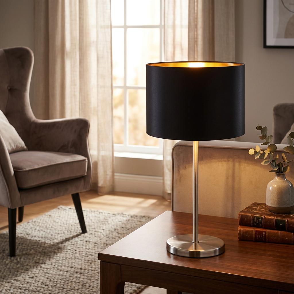 Nickel table lamp with a black and gold fabric shade on a wooden table in a cozy, sunlit living room setting.
