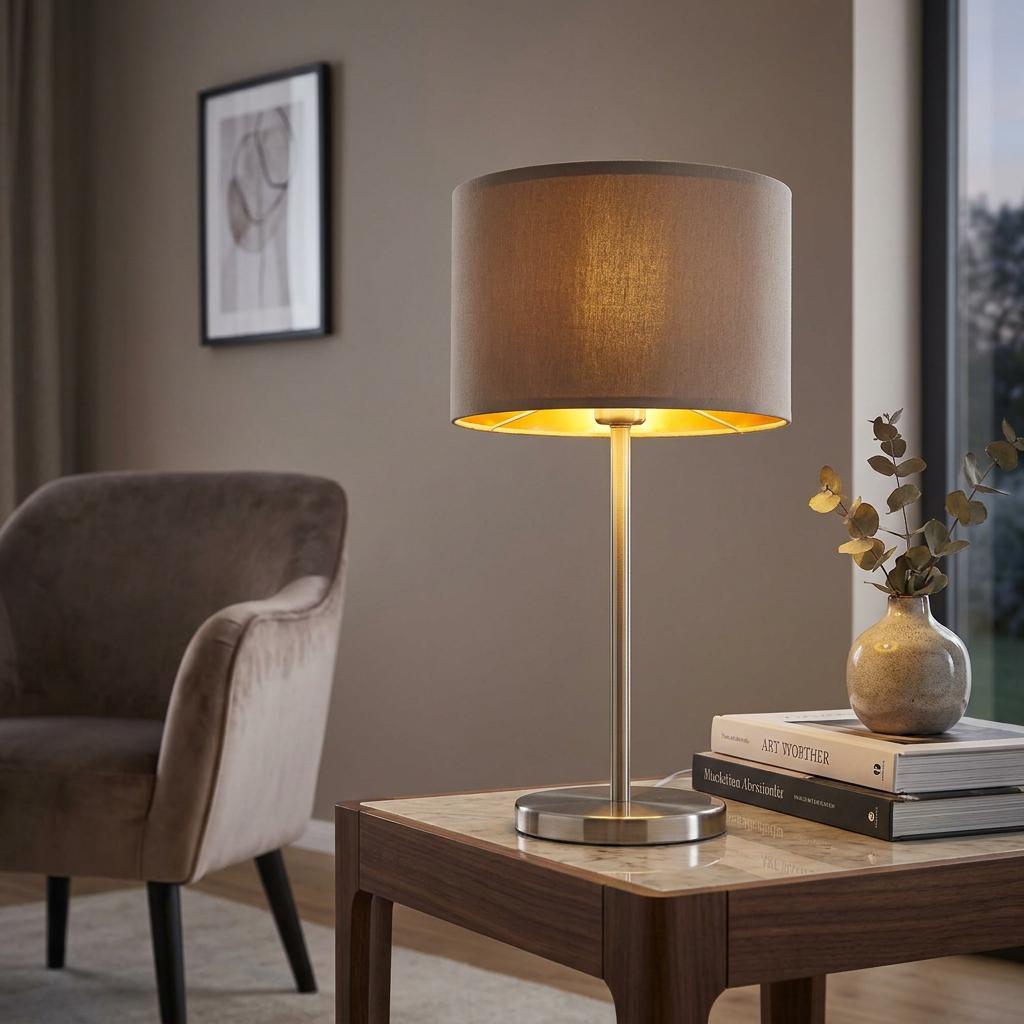 Modern nickel table lamp with a brown and gold fabric shade on a marble-topped side table next to an armchair.