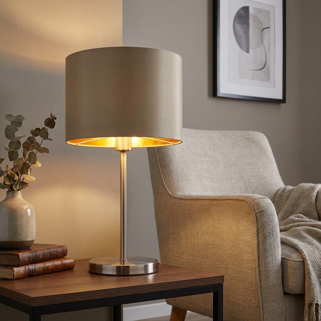 Eglo Maserlo table lamp with taupe shade and gold interior, glowing on a wooden table next to an armchair.