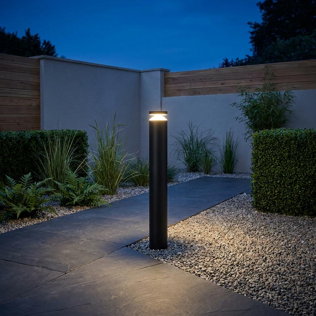 Black cylindrical LED bollard light illuminating a modern garden path with a warm glow at dusk.