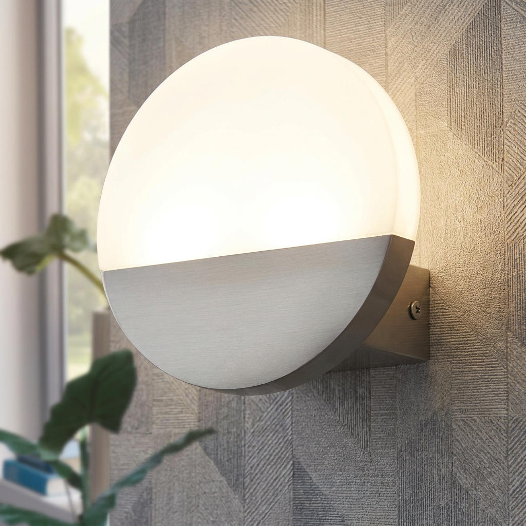Eglo Metrass 1 LED wall light with a brushed nickel base and glowing circular diffuser on a textured grey wall.