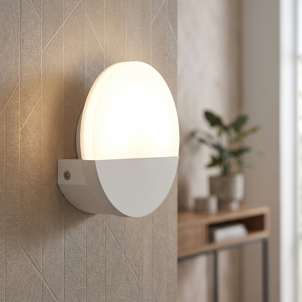 Modern semi-circular white LED wall light glowing on textured beige geometric wallpaper in a living room setting.