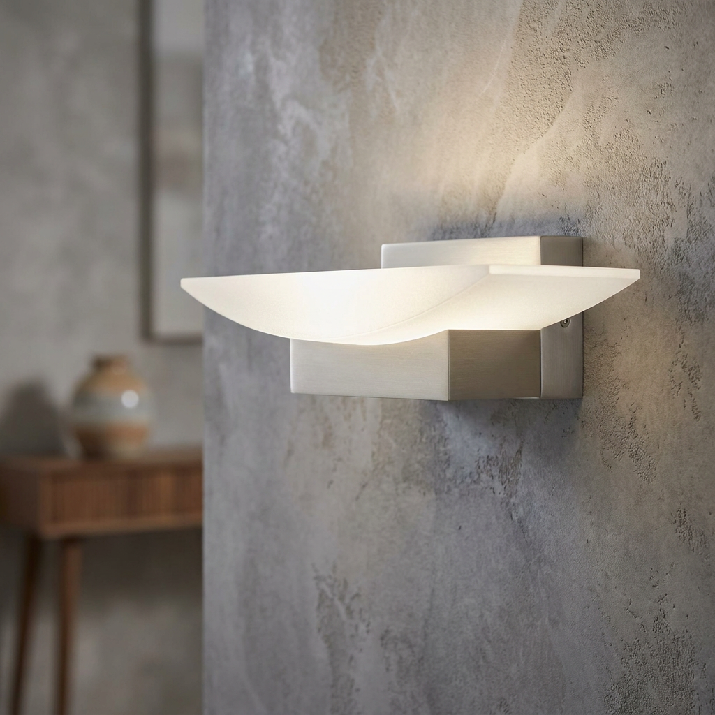 Eglo Metrass Nickel LED wall light with a curved frosted diffuser glowing on a textured grey wall.