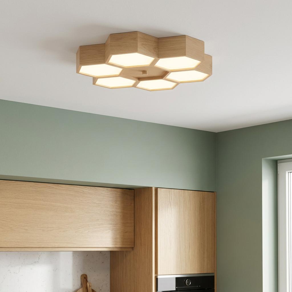 A 6-light hexagonal wooden flush ceiling light illuminates a modern kitchen with green walls and wooden cabinetry.