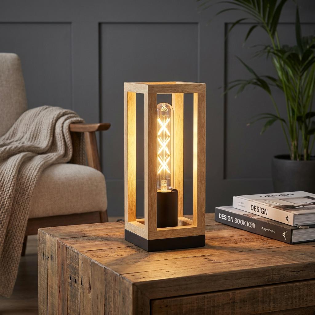 Eglo Nafferton wood cage table lamp with an illuminated Edison bulb on a rustic wooden coffee table.
