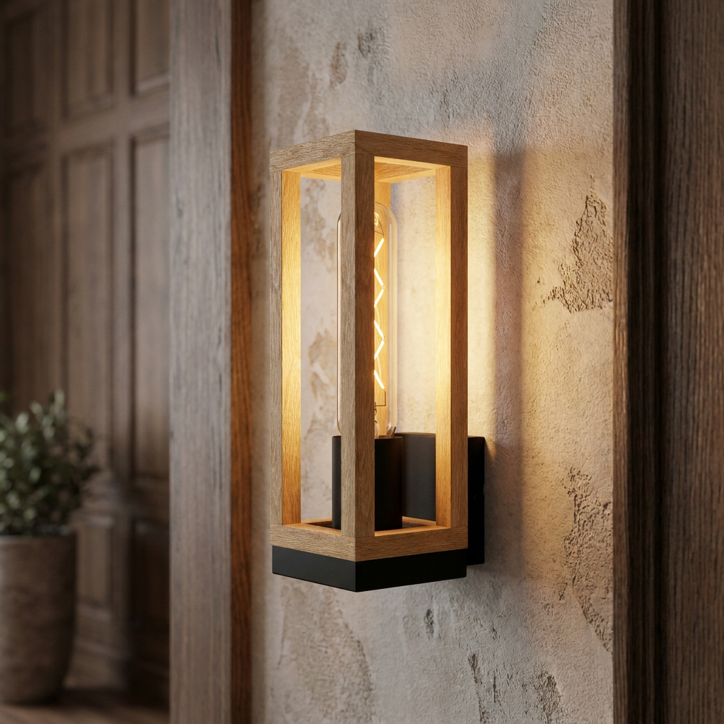 Rectangular wooden frame wall sconce with a black base and glowing filament bulb on a rustic textured wall.