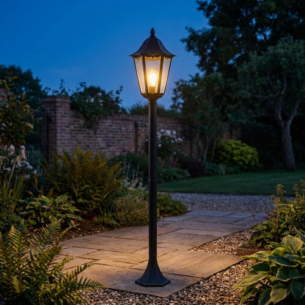 Traditional black lantern-style post light illuminating a stone garden path at dusk.