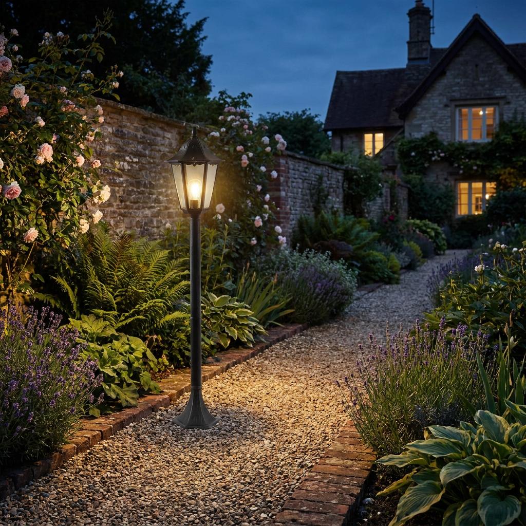 Traditional black lantern-style bollard light illuminating a gravel path in a lush cottage garden at twilight.