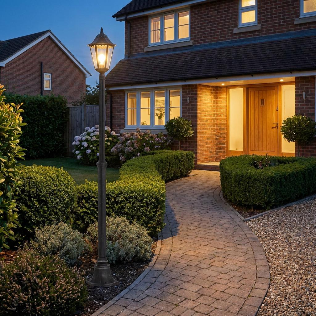 A tall black traditional lamp post illuminates a paved garden path leading to a brick house at dusk.