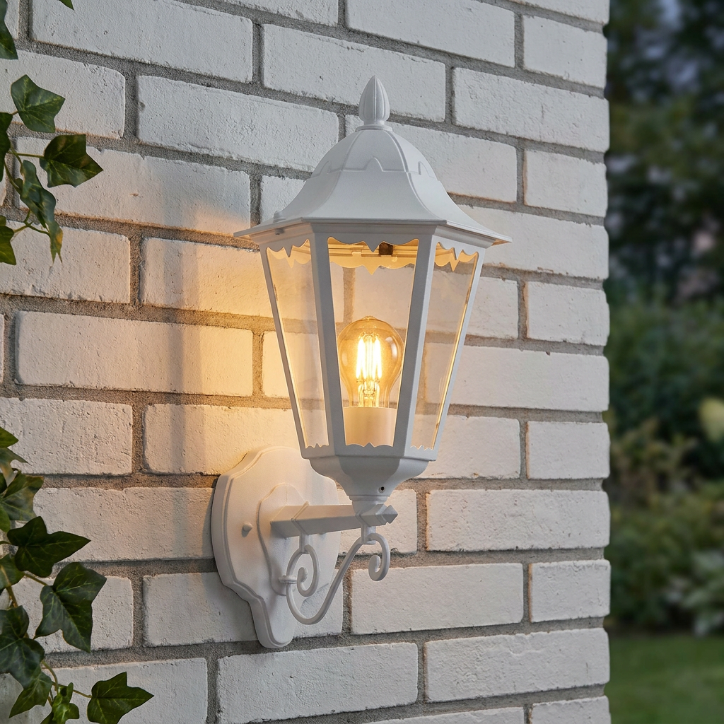 Illuminated white lantern outdoor wall light mounted on a white brick wall with green ivy.