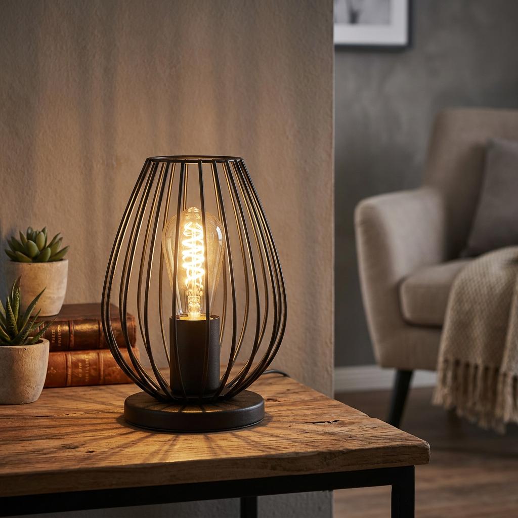 Black wire cage table lamp with a warm Edison bulb on a rustic wooden table in a cozy living room.