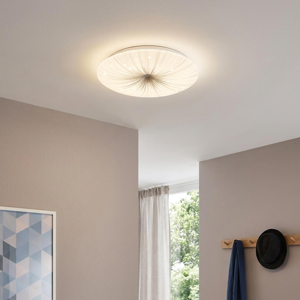 Illuminated Eglo Nieves flush ceiling light with white and grey pleated design in a modern hallway.