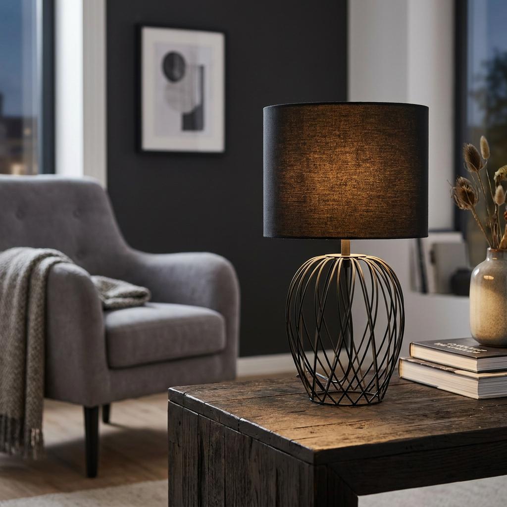 Eglo Nimlet table lamp with a black wire cage base and fabric shade, glowing on a rustic wooden table.