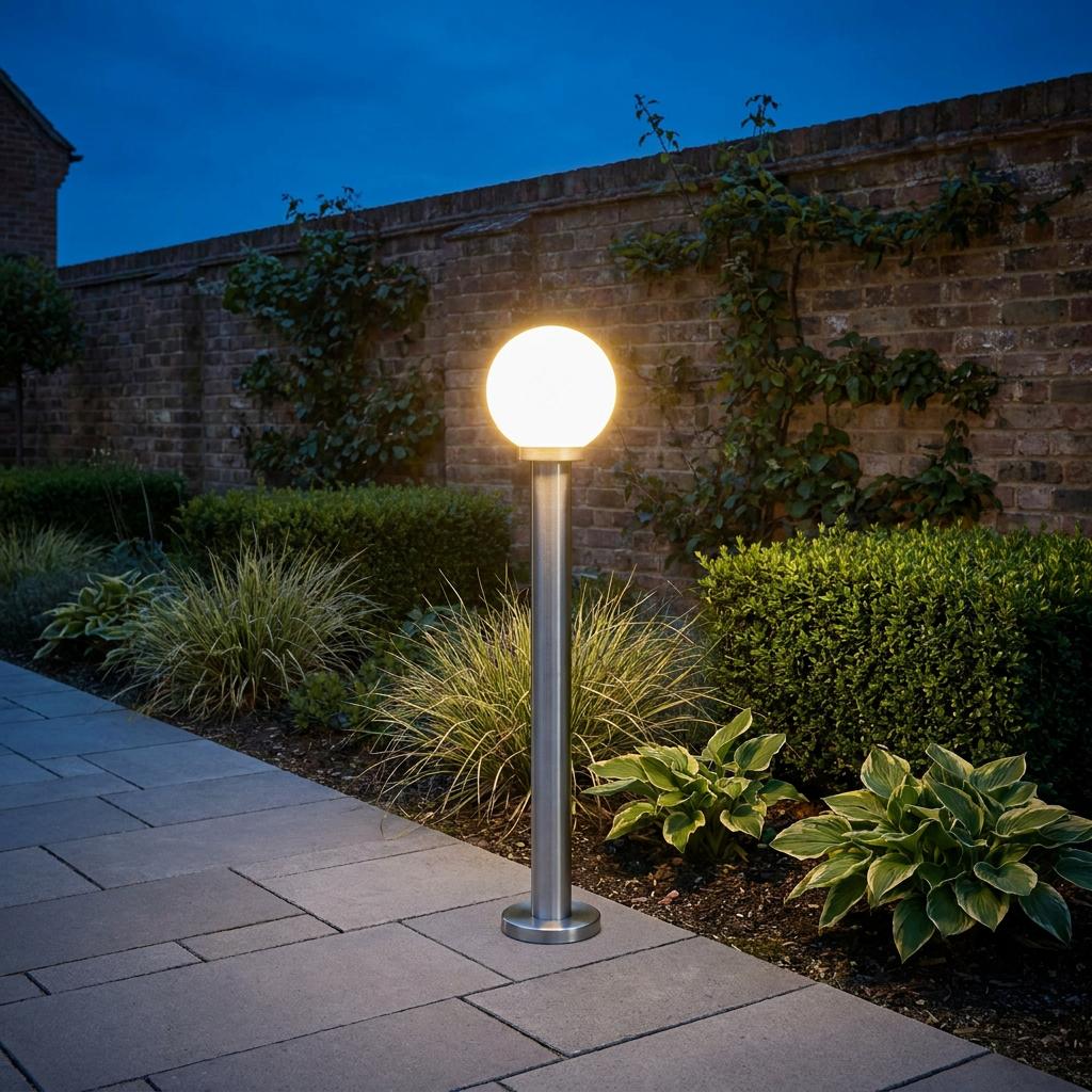 Silver bollard light with a glowing white globe shade illuminating a garden path at dusk.