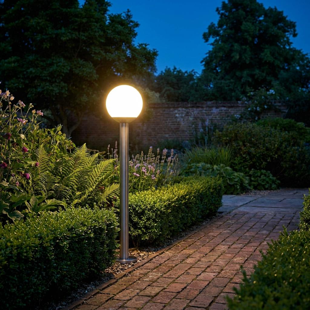 Silver bollard light with a glowing white globe illuminating a brick garden path and hedges at twilight.