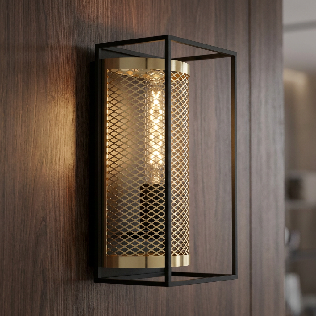 Eglo Nohales industrial wall light with a brass mesh cylinder inside a black rectangular frame on a wooden wall.